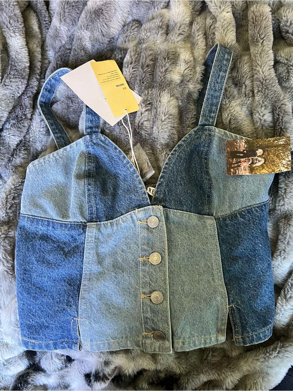 Denim Patchwork Button-Front Crop Top in Two-Tone Blue